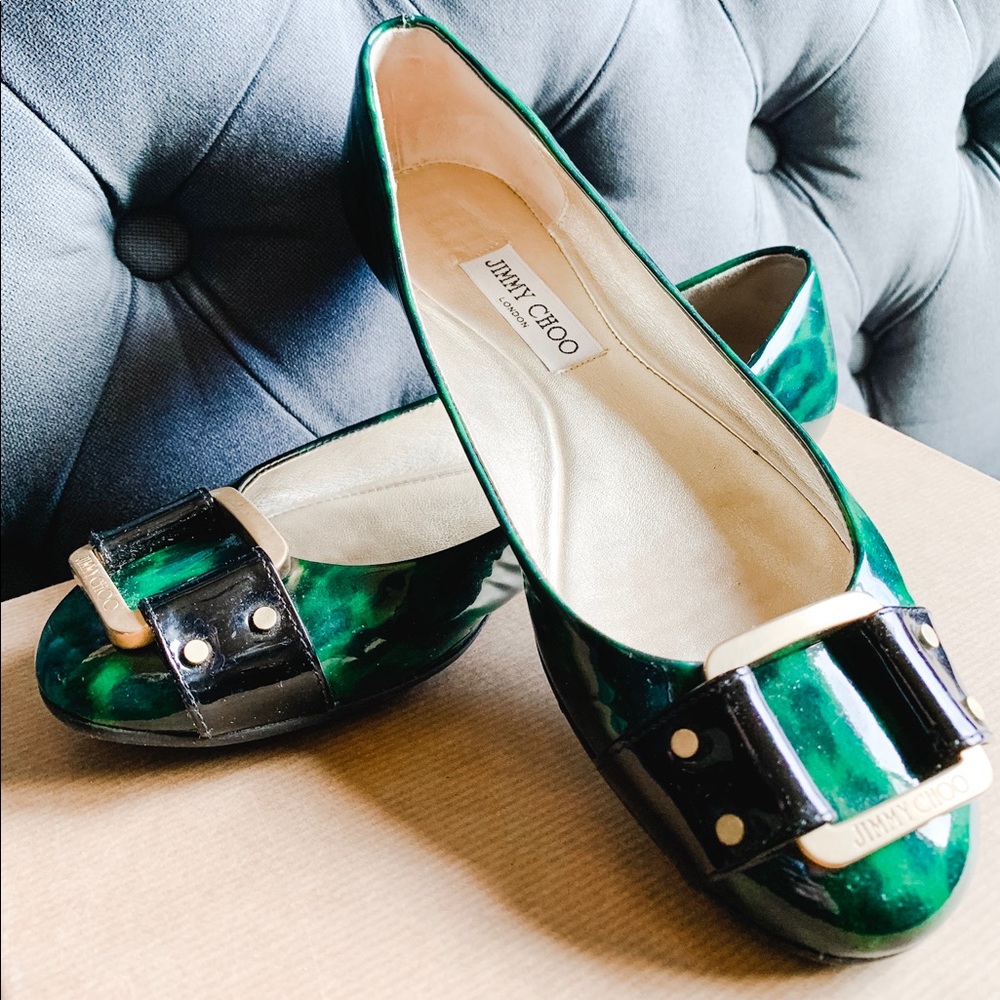 Jimmy Choo green patent leather buckle flats